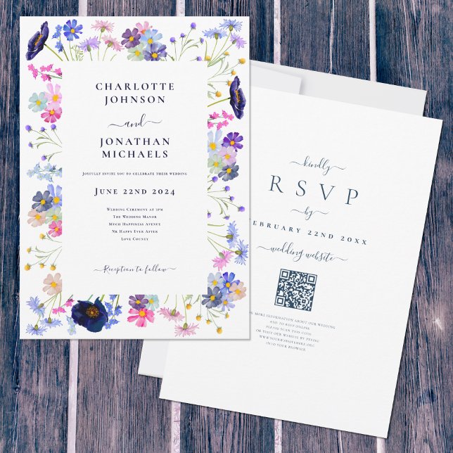Invitation Fleur sauvage Boho Blue QR Code Mariage (Elegant boho chic wildflower watercolor wedding invitation with online rsvp qr code)