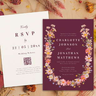 Invitation Fleur sauvage Boho Burgundy Mariage de automne
