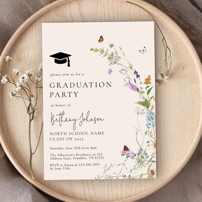Invitation Fleur sauvage Boho Butterfly Floral Graduation Par (Créateur téléchargé)