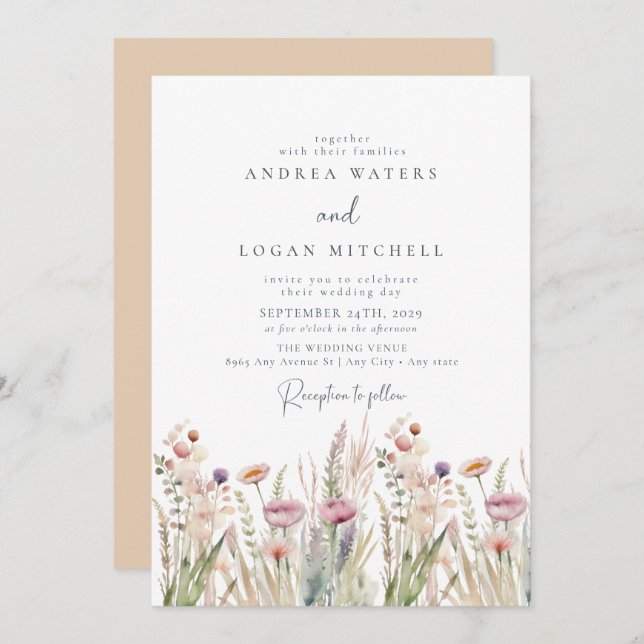 Invitation Fleur sauvage Boho Chic Mariage (Devant / Derrière)