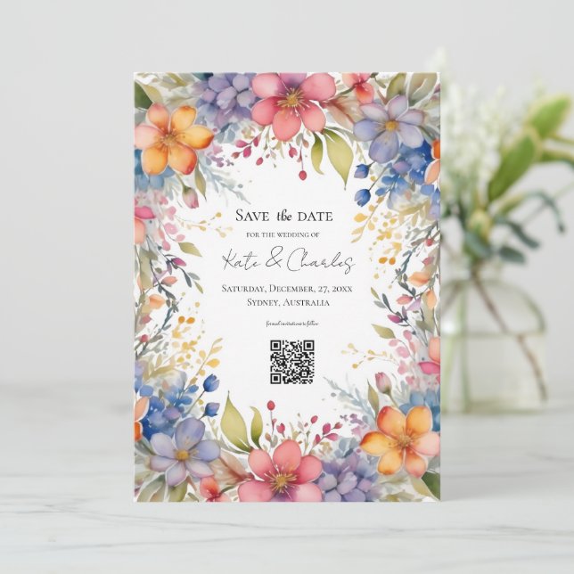 Invitation Fleur sauvage boho chic wreath enregistrer la date (Debout devant)