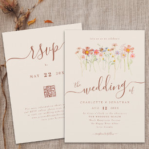 Invitation Fleur sauvage Boho Fall Beige Terracotta Code QR