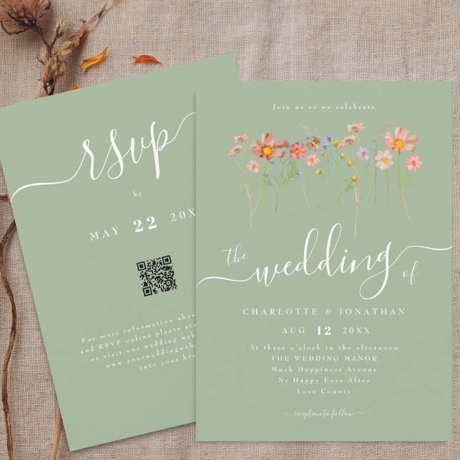 Invitation Fleur sauvage Boho Fall Sage vert QR code Mariage (Boho fall Wildflower floral sage green Wedding qr code invitation Whimsical elegant modern script)