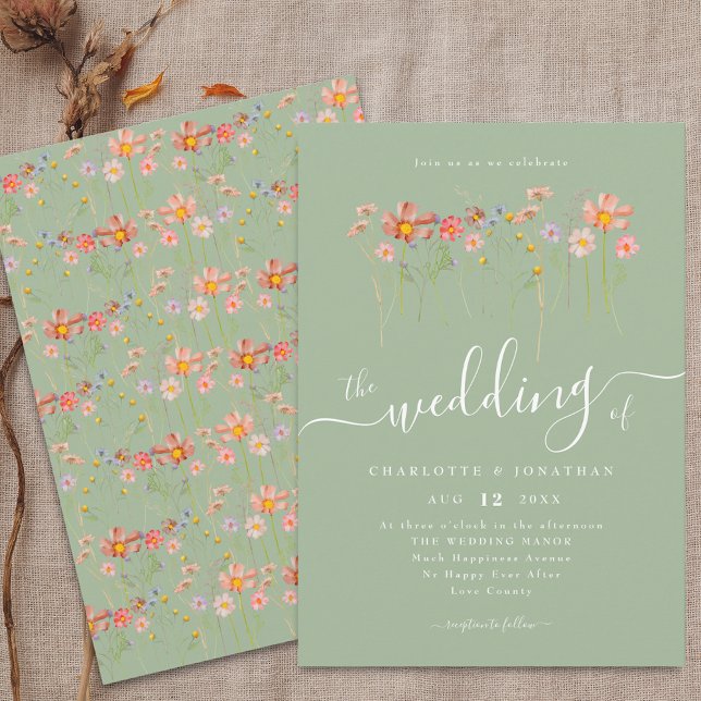 Invitation Fleur sauvage Boho Floral Fall Sage Vert (Wildflower floral sage green Wedding invitation Watercolor meadow flowers elegant modern script)