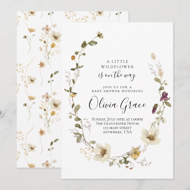 Invitation Fleur sauvage Boho Floral Wreath baby shower (Devant / Derrière)