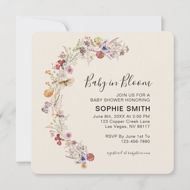 Invitation Fleur sauvage Boho Garden bébé en fleurs (Devant)