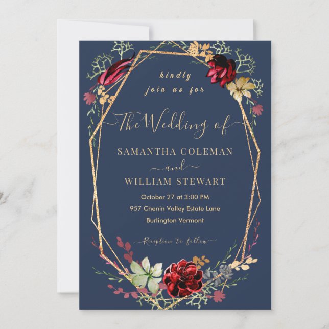Invitation Fleur sauvage Boho géométrique Rustique Marine Mar (Devant)