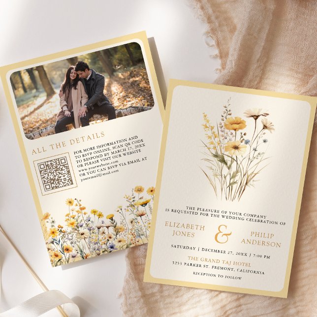 Invitation Fleur sauvage Boho Jaune Photo QR Code Mariage (Créateur téléchargé)
