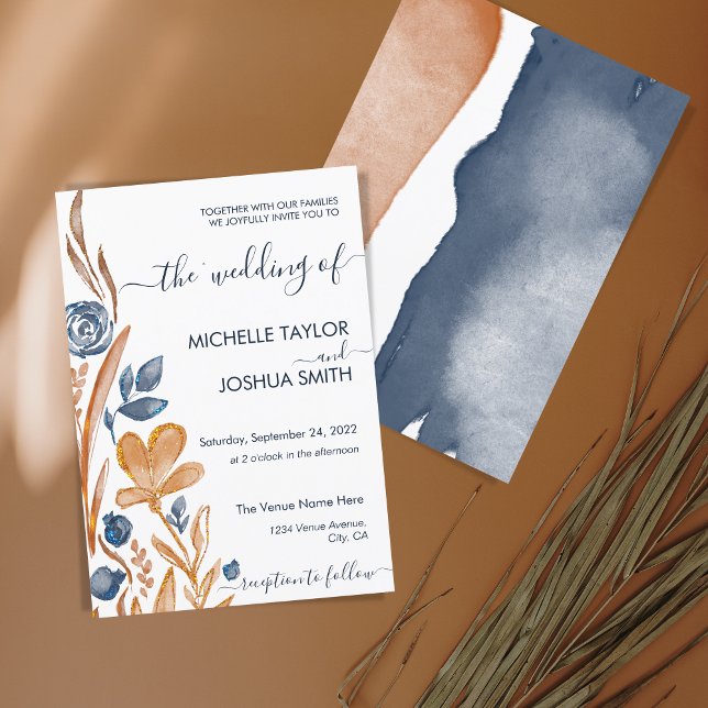 Invitation Fleur sauvage Boho moderne Terracotta Marine Bleu (Créateur téléchargé)