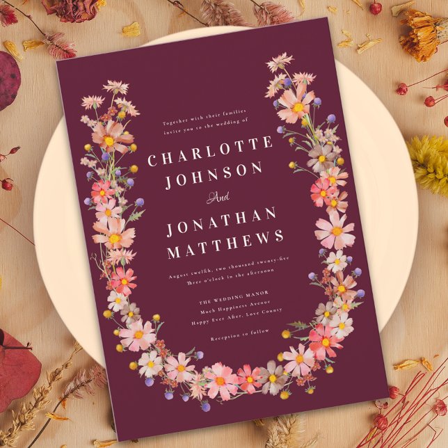 Invitation Fleur sauvage Boho Romantique Bourgogne Mariage de (wildflower romantic burgundy fall wedding invitation burnt Orange terracotta dried flower wreath)