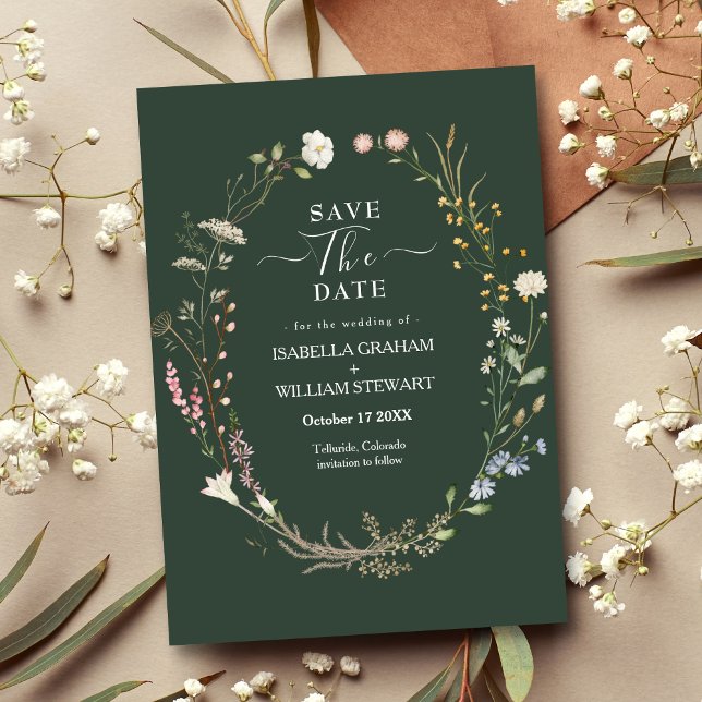 Invitation Fleur sauvage Boho Rustique Vert foncé Enregistrer (Créateur téléchargé)
