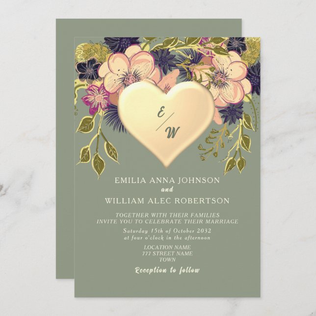 Invitation Fleur sauvage Boho Sage Mariage (Devant / Derrière)