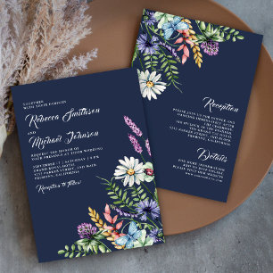 Invitation Fleur sauvage Boho tout en un Mariage bleu marine