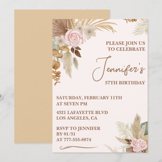 Invitation Fleur sauvage Boho Whimsy Super 37e anniversaire (Devant / Derrière)
