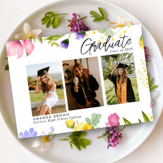 Invitation Fleur sauvage Bold Trois photo Graduation 2025