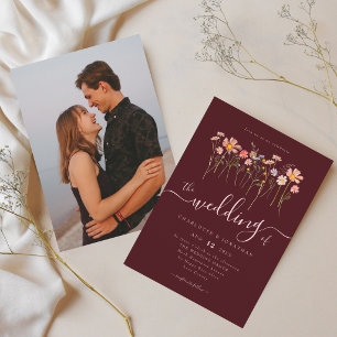 Invitation Fleur Sauvage Bordeaux & Rose Pâle Photo Mariage