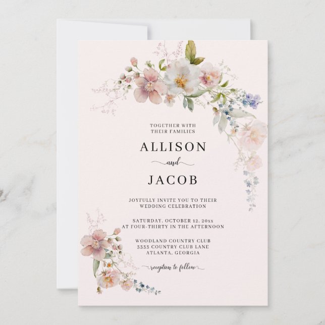 Invitation Fleur sauvage Botanique Blush rose Floral Mariage (Devant)