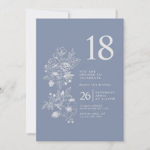 Invitation Fleur sauvage botanique Dusty Blue 18e anniversair