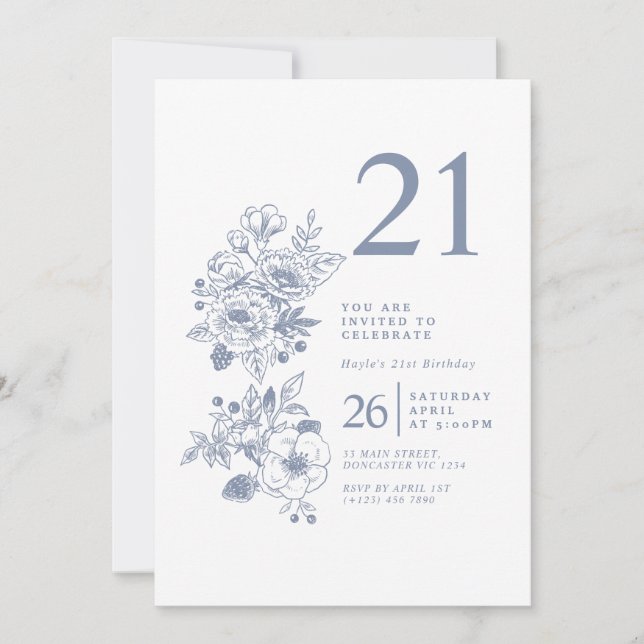 Invitation Fleur sauvage botanique Dusty Blue 21e anniversair (Devant)
