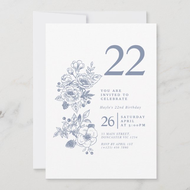 Invitation Fleur sauvage botanique Dusty Blue 22e anniversair (Devant)