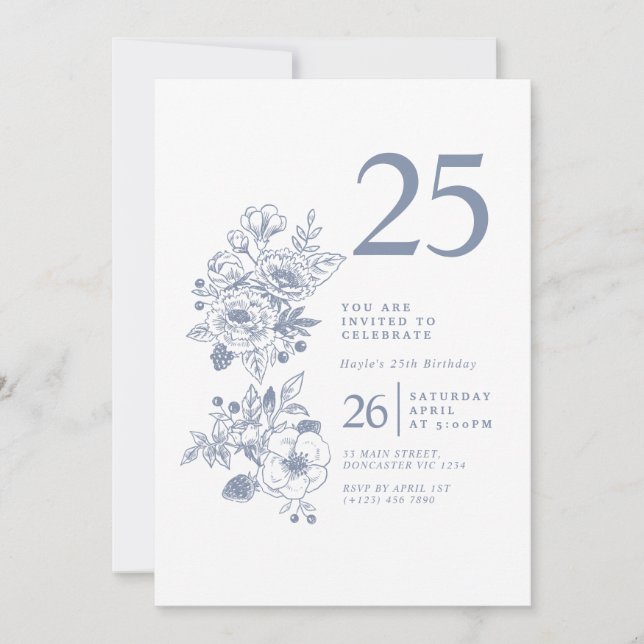 Invitation Fleur sauvage botanique Dusty Blue 25e anniversair (Devant)