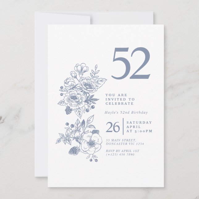 Invitation Fleur sauvage botanique Dusty Blue 52e anniversair (Devant)