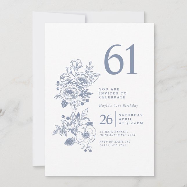 Invitation Fleur sauvage botanique Dusty Blue 61e anniversair (Devant)