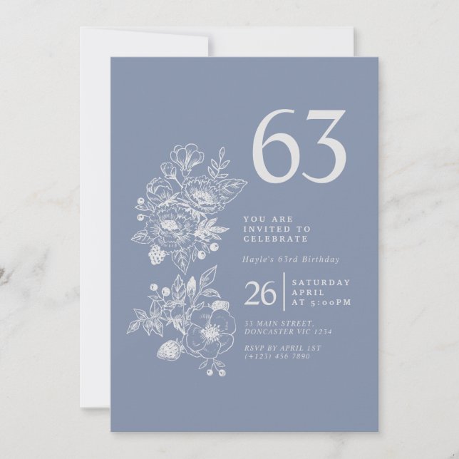 Invitation Fleur sauvage botanique Dusty Blue 63e anniversair (Devant)