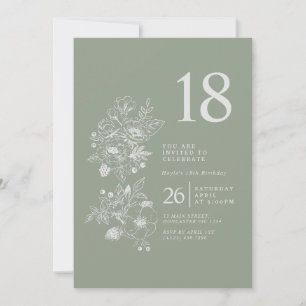 Invitation Fleur sauvage botanique Sage Green 18e anniversair