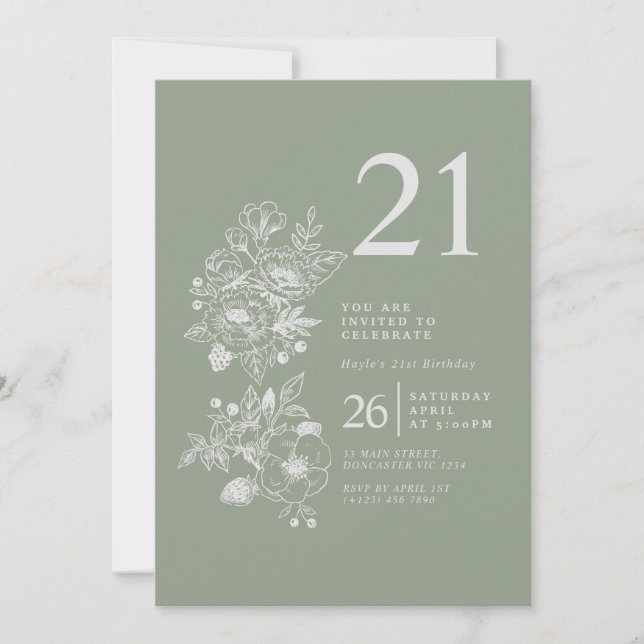 Invitation Fleur sauvage botanique Sage Green 21e anniversair (Devant)