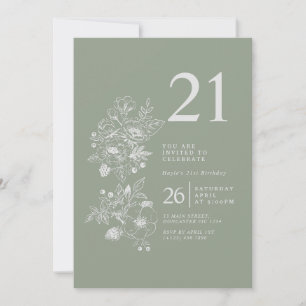 Invitation Fleur sauvage botanique Sage Green 21e anniversair