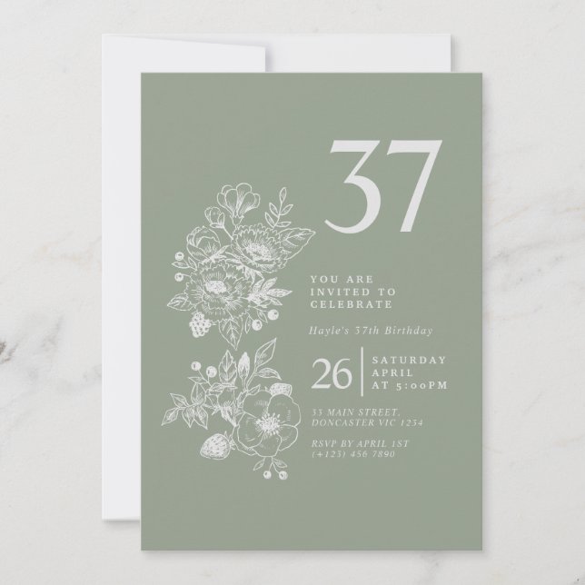 Invitation Fleur sauvage botanique Sage Green 37e anniversair (Devant)
