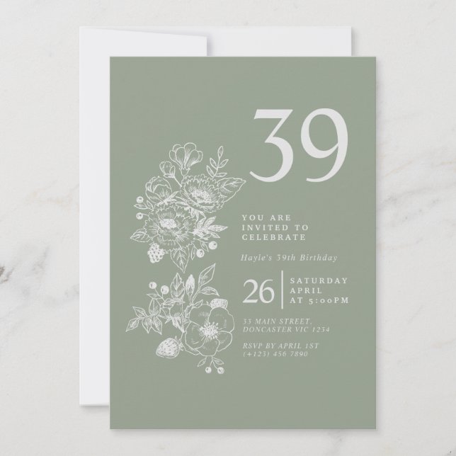 Invitation Fleur sauvage botanique Sage Green 39e anniversair (Devant)