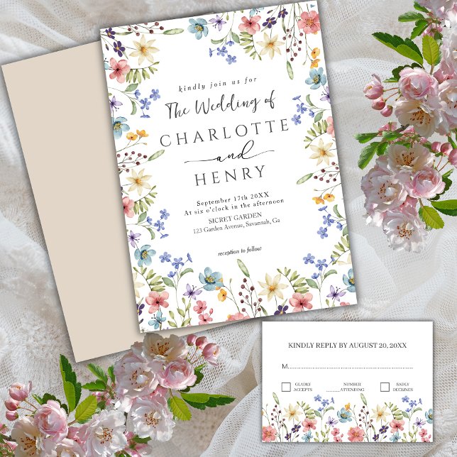 Invitation Fleur sauvage botanique simple rustique Mariage bl (Créateur téléchargé)