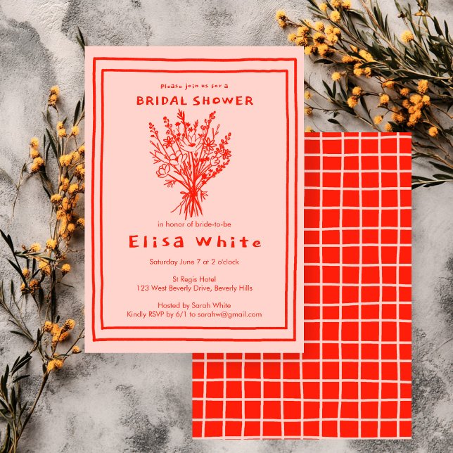 Invitation Fleur sauvage Bouquet Rustique Whimsical Fête des  (Wildflower Bouquet Rustic Whimsical Hand Drawn Grid Bridal Shower Invitation
)