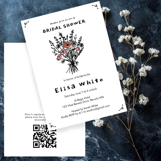 Invitation Fleur sauvage Bouquet Rustique Whimsical QR Code B (Wildflower Bouquet Rustic Whimsical QR Code Bridal Invitation
)