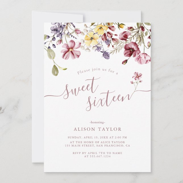 Invitation Fleur sauvage Calligraphie Sweet sixteen Anniversa (Devant)