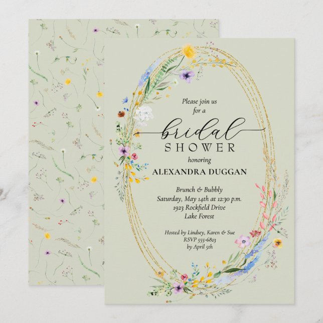 Invitation Fleur sauvage Chic Wreath Sage Fête des mariées ve (Devant / Derrière)