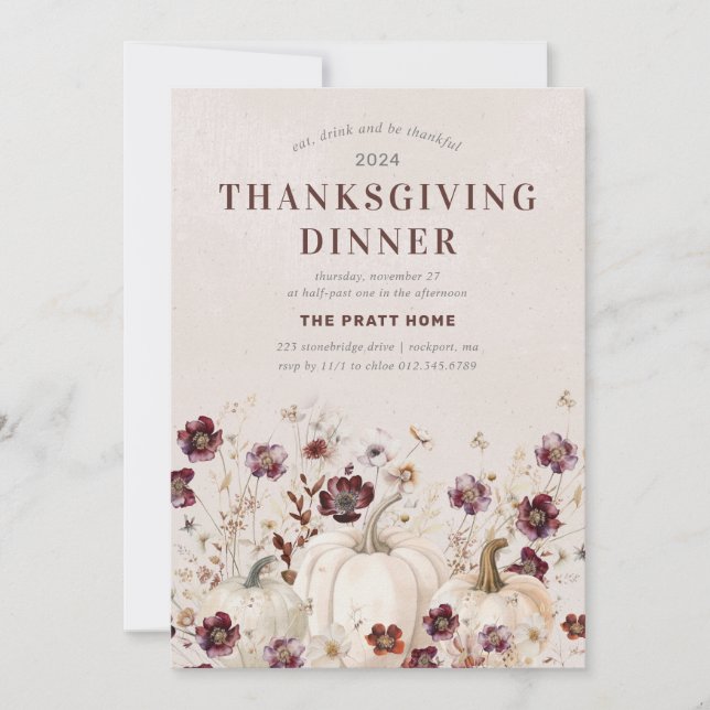 Invitation fleur sauvage Citrouille du dîner de Thanksgiving  (Devant)
