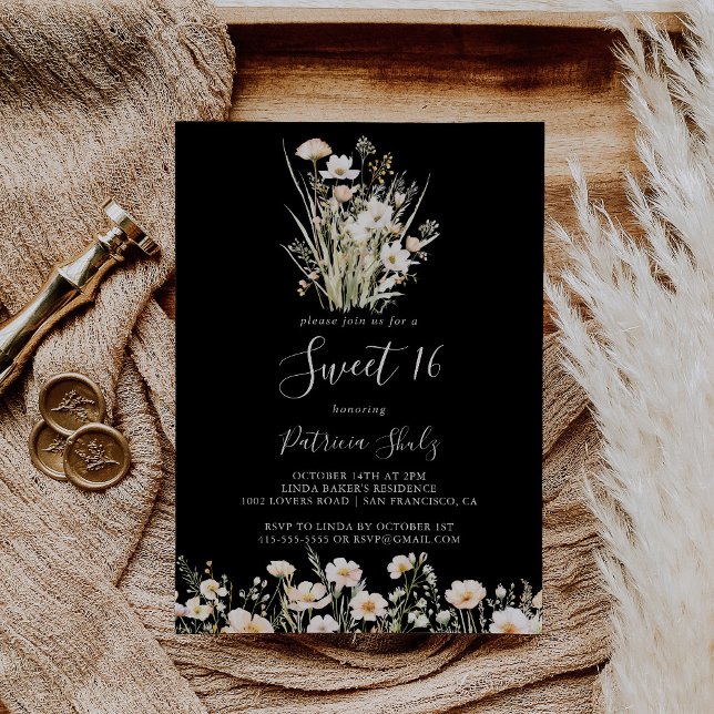 Invitation Fleur sauvage classique Black Sweet 16 Anniversair (Créateur téléchargé)
