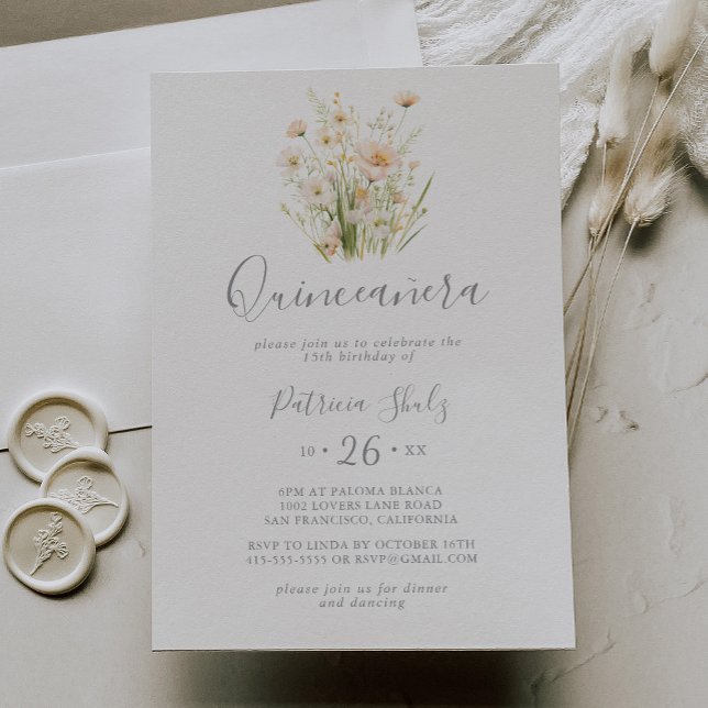 Invitation Fleur sauvage classique Boho Blush Quinceañera (Créateur téléchargé)