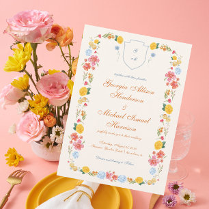 Invitation Fleur sauvage coloré Crest Monogramme Mariage d'ét