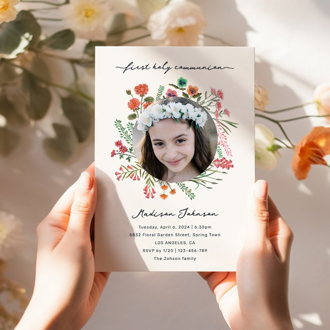 Invitation Fleur sauvage coloré Première sainte communion Pho (Colorful Wildflower First Holy Communion Photo Invitation)