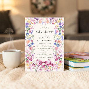 Invitation Fleur sauvage coquette floral noeud rose baby show