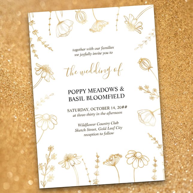 Invitation Fleur sauvage Croquis Gold Flowers Mariage élégant (Wedding Invitation in White & Gold, from my Wildflower Sketch collection)