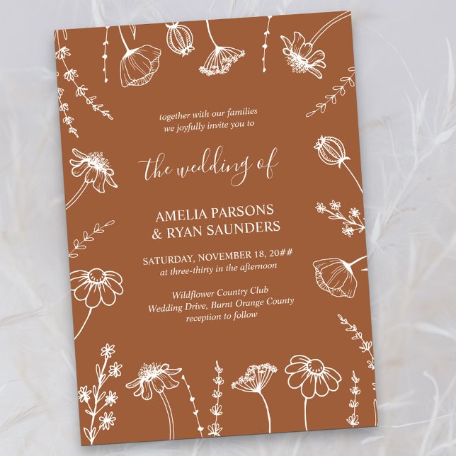 Invitation Fleur sauvage Croquis Terracotta Simple Floral Mar (Wedding Invitation in Terracotta Burnt Orange, from my Wildflower Sketch collection)