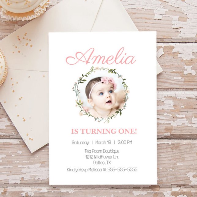 Invitation Fleur sauvage Dainty Pink Flower Photo Baby (Créateur téléchargé)
