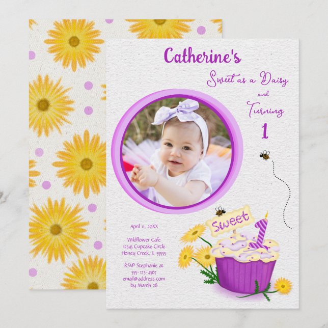 Invitation Fleur sauvage Daisy Girl Jaune violet premier anni (Devant / Derrière)
