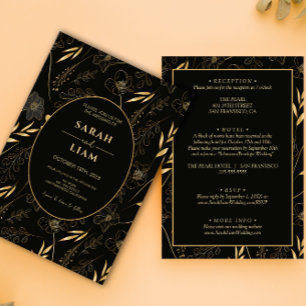 Invitation Fleur sauvage d'anémone noir et or tout en un Mari