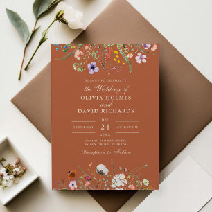 Invitation Fleur sauvage d'aquarelle en terre cuite Mariage d